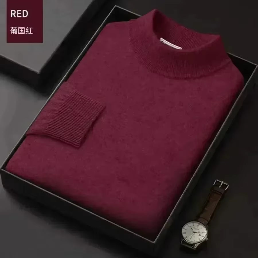 New 2025 Men'S Mock Collar 100% Pure Woolen Sweater Tops Autumn Winter Cashmere Sweater Men Pullover Knitted Warm Sweater Male